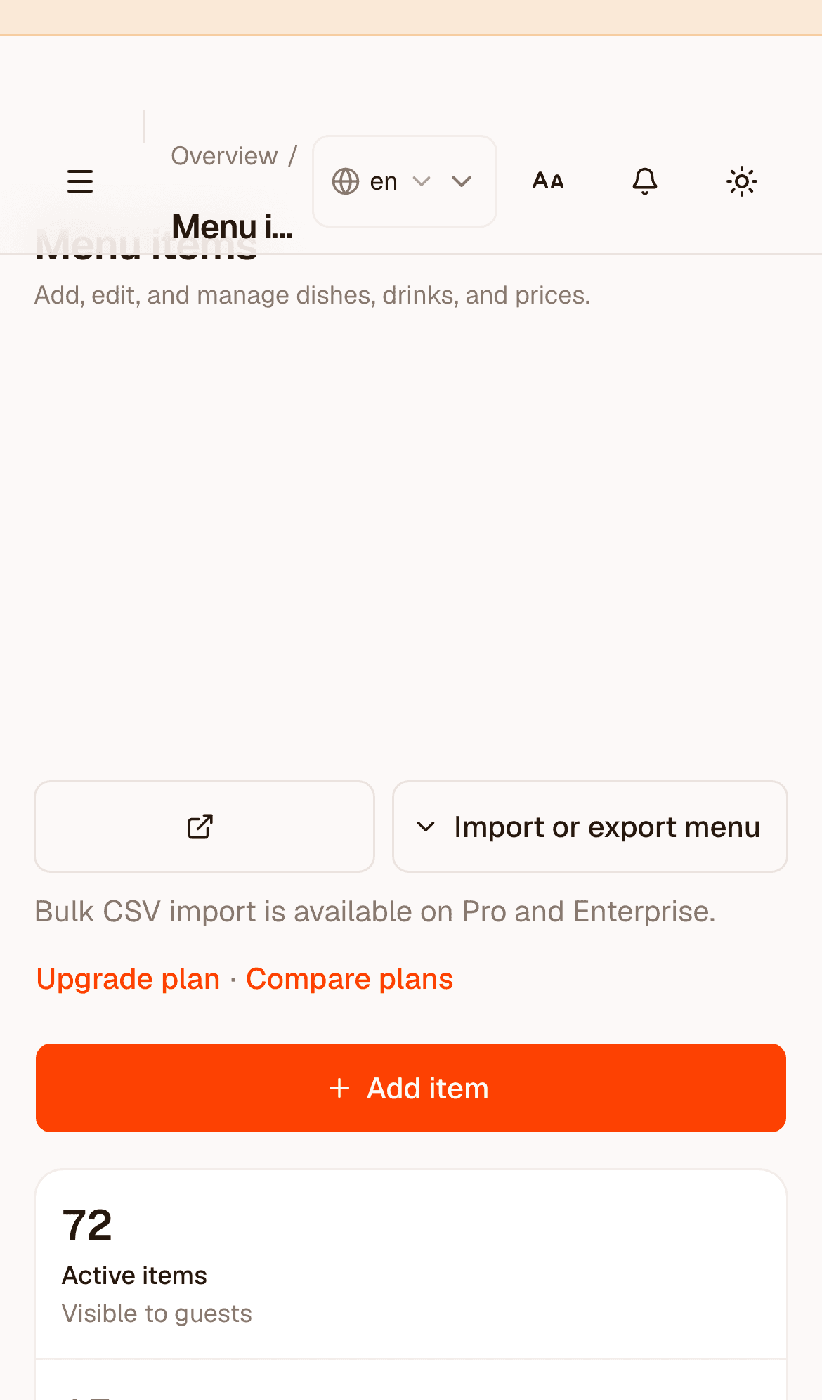 Mobile menu items screen for quick changes during service