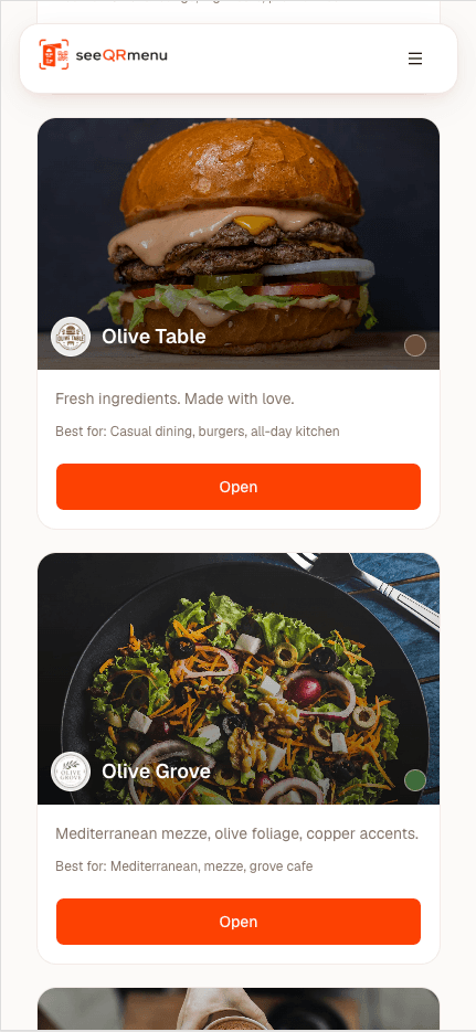 Sample menu themes on mobile — Olive Table, Olive Grove, and more