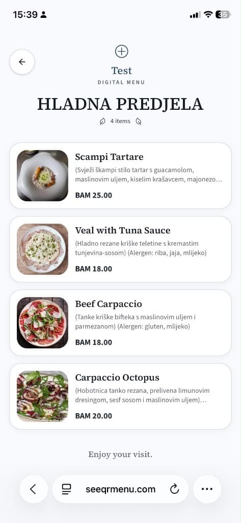 Personalized digital menu showing cold appetizers with photos and prices