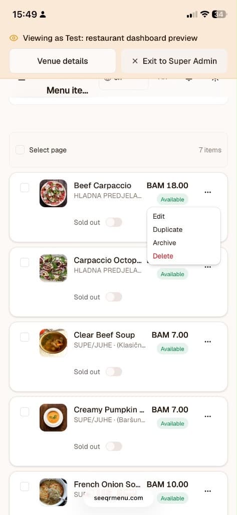 Restaurant dashboard menu items list with edit actions open