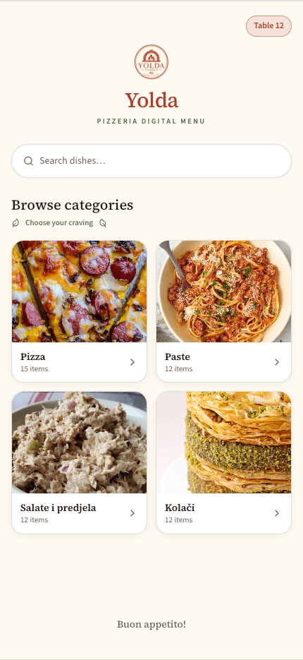 Yolda guest menu browsing pizza and pasta categories