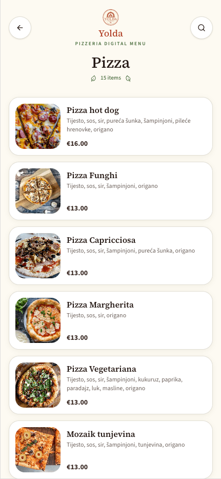 Yolda pizza category with dish photos and prices