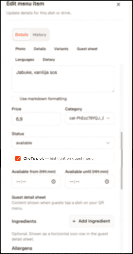 Edit menu item with Chef's pick and availability time windows for lunch specials