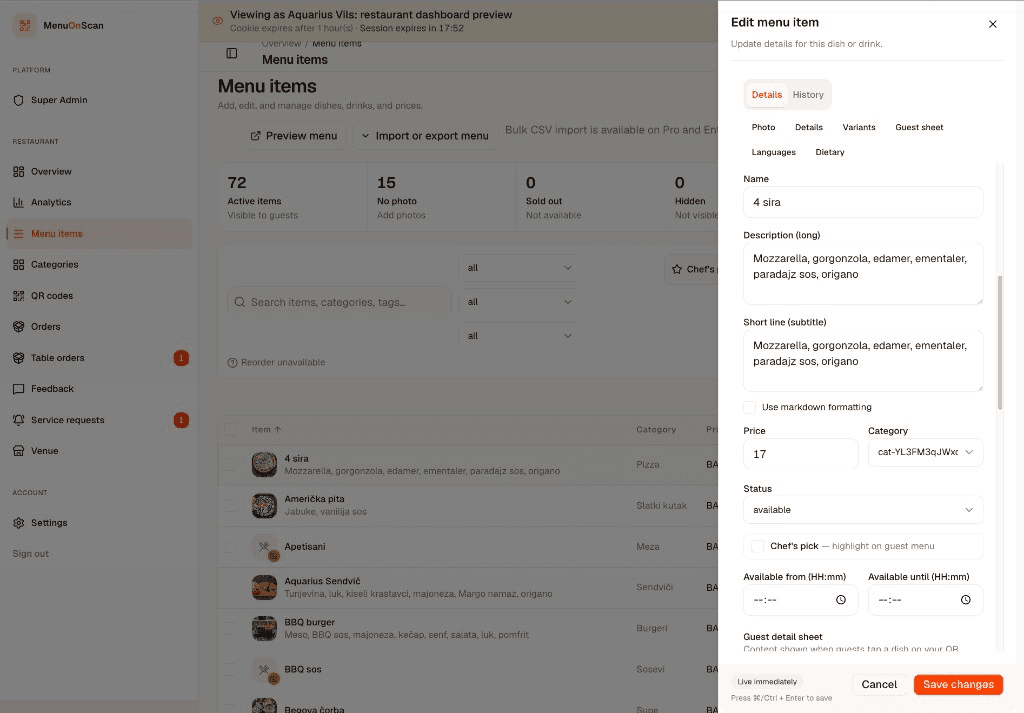 Edit menu item sidebar open over the menu items list with name, price, and category