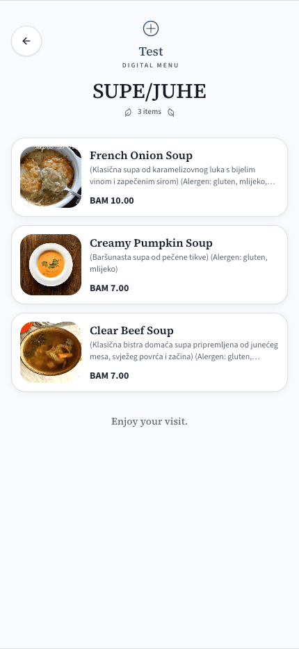 seeQRmenu digital soup category with dish photos and prices