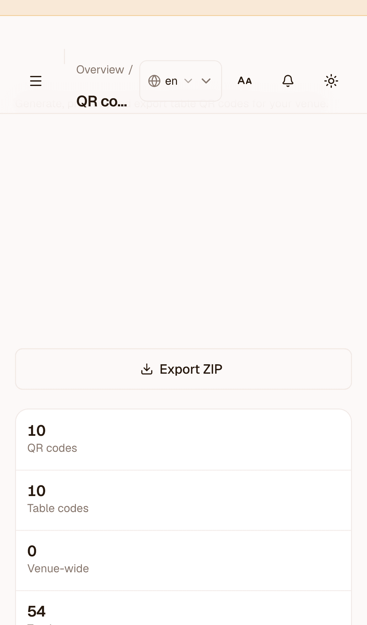 Mobile QR codes screen with table codes and export for print stock