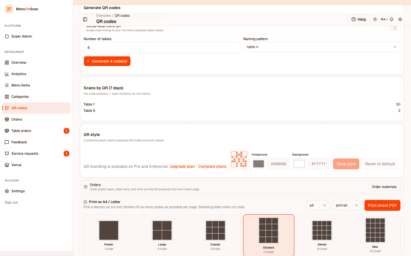 QR codes page showing table count and naming pattern before generate