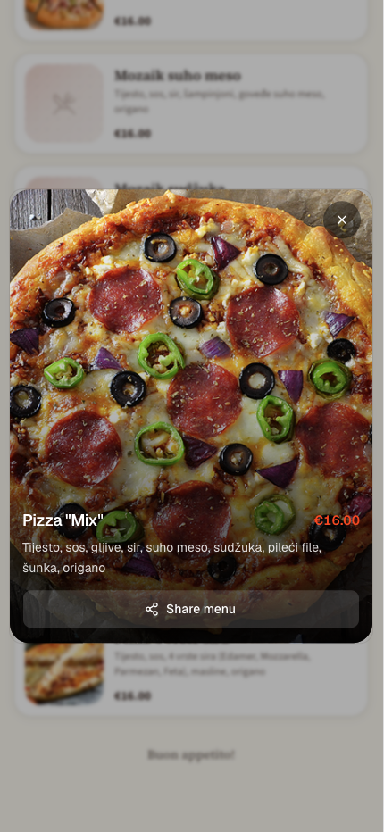 Yolda pizza dish detail with photo, ingredients, and price