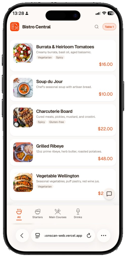 Bistro Central menu with starters and categories